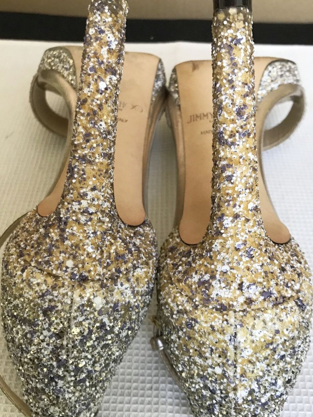 JIMMY CHOO Misty Metallic Glitter Sandal in Champagne, size 38 (US 8), Imperfect - Picture 3 of 16